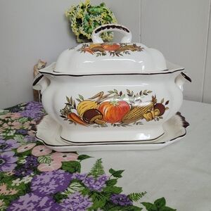 Vintage Harvest Fruits Ceramic Tureen with Lid And Plate - White and Brown